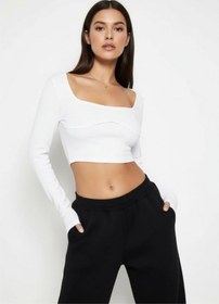 Resim Merlot Kadın Dikiş Detaylı Uzun Kollu Crop Bluz Beyaz 