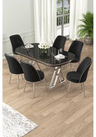 Resim Canisa Lai Serisi 90x168 Lak Panel Sonata Krom Ayak Masa Takımı 6 Siyah Sandalye Masa Siyah Mermer Sandalye Siyah Krom Detay 