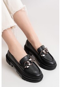 Resim Kadın Somo Siyah Cilt Kalın Tokalı Loafer Ayakkabı Siyah Siyah 