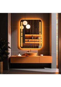 Resim Drayno Amber Led'li Lazer Kumlamalı Lavabo & Banyo Aynası Dokunmatik Sensörlü 100 X 75 Cm Turuncu 