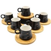 Resim 6'Lı Mermer Desen Bambulu Siyah Fincan Takımı 