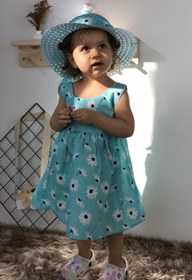 Resim Minizade Büyük Papatya Çiçekli Şapkalı Yazlık Kız Bebek Elbise 