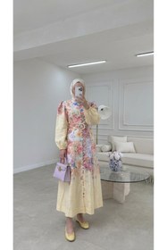 Resim nizzell Keten Kumaş Desenli Kuşaklı Tesettür Elbise - Çiçekli Yazlık Şık Uzun Elbise135 cm (Pamuklu Astar Önerilir Astarsızdır ) 