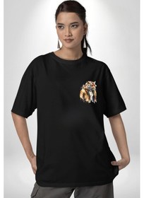 Resim Cool Yakışıklı Kapüşonlu Spor Kaplan Siyah Oversize Unisex Ön Sol Yan Minimal Baskılı Tişört Koyu Siyah 