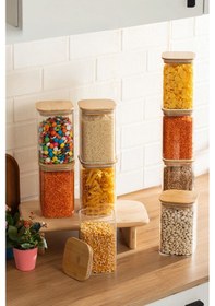 Resim Porsima 6-3 Bambu Vakumlu Kapaklı Kare Borsilikat Cam 9lu Kavanoz Seti Saklama Kabı 1250ml 9,5x15cm Ahşap - Şeffaf 