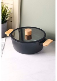 Resim Cookwood Black İndüksiyon Tabanlı Ahşap Kulplu Kapaklı Seramik Derin Tencere 20 Cm Sıyah Siyah 