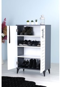 Resim Luna 2 Kapaklı 4 Bölmeli Modern Ayakkabılık - Beyaz / Antrasit 