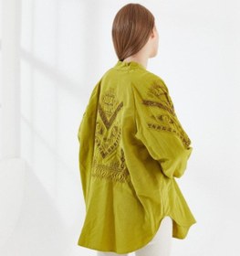 Resim Dadali Etnik Nakışlı Oversize Keten Kimono Yağ Yeşili 