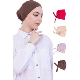 Resim Modish Group Kadın Tesettür Bone Bağcıklı Dikişsiz Penye 4 Parça Set Bordo, Kahverengi, Koyu Vizon, Açık Vizon 