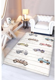 Resim Sevimli Arabalar Bambu Bebek Çocuk Halısı Beyaz 