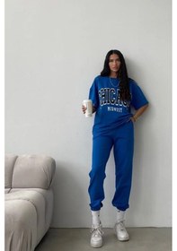 Resim Chicago T-shirt Eşofman Altı Jogger- Mavi Baskılı Alt Üst Eşofman Takımı Oversize Bisiklet Yaka Mavi 