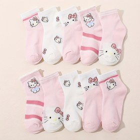 Resim 10 Çift Merhaba Kitty Kızlar için Ayak Bilek Çorapları - Kalp ve Yıldızlar ile Pembe ve Beyaz Karikatür Tasarımı, İnce Hafif Çoraplar Bahar Yaz Günlük Giyim için, Sevimli Çoraplar, Canlı Çorap Tasarımı, Rahat Uygunluk 