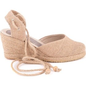 Resim Gerçek Elişi Topuğu Açık Bilekten Bağlamalı Dolgu Topuk Keten Hasır Espadril Handmade Hasır 