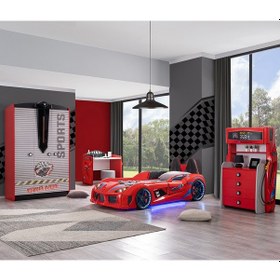 Resim Setaymobilya Sports Çocuk Odası, Audi Araba Yatak Dolap Masa Şifonyer-Kırmızı 