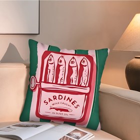 Resim 1 Adet Sardalya Temalı Fransız Tarzı Yastık Kılıfı - Zeytinyağı & Sardalya Balığı Baskılı Yastık Kılıfı, Yeşil Pembe Beyaz Kırmızı Maksimalist Dekoratif Koltuk Yatak Aksesuarı, Makinede Yıkanabilir 17.7x17.7 İnç (45x45cm) Tek Taraflı Sardalya Kutusu Etiket Tasarımı 