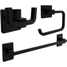 Resim Genel Markalar Siyah Kare Banyo Uzun Havluluk, Kapaksız Tuvalet Kağıtlık, Ikili Bornoz Askılık Seti 