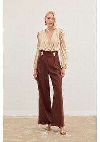 Resim Sateen Bel Aksesuarlı Pantolon - Kahve-136487 Kahve 