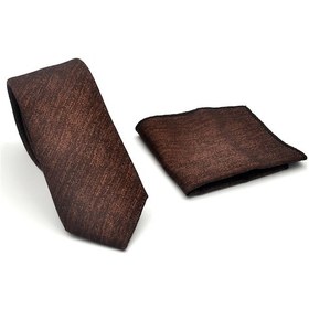 Resim Gaffy Bej Kırcıllı Desenli Koyu Kahverengi Dokuma Kumaş Mendilli Slim Fit Kravat // Sdk-2501-6 Koyu Kahverengi 