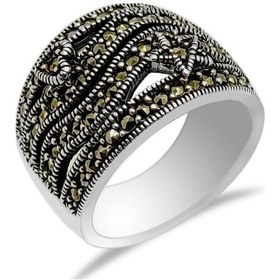 Resim Süper Markazit Taşlı Oksitli Gümüş Bayan Yüzük Modeli Kadın Yüzük 