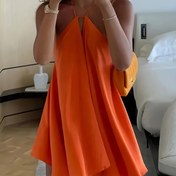 Resim Kadınlar için Seksi Sırtı Açık V-Yaka A Kesim Elbise - Kolsuz, Bel Bağlama, Akıcı Turuncu Mini Elbise Yaz, Plaj ve Günlük Geziler İçin 