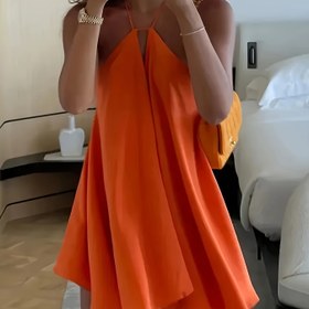 Resim Kadınlar için Seksi Sırtı Açık V-Yaka A Kesim Elbise - Kolsuz, Bel Bağlama, Akıcı Turuncu Mini Elbise Yaz, Plaj ve Günlük Geziler İçin 