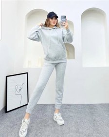 Resim jeneric Gri Melanj Kapüşonlu Kanguru Cepli Oversize Lastik Paça İçi Polarlı Kadın Eşofman Takımı 