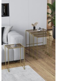 Resim Faymend Mimoza 4 Lü Zigon Sehpa, Metal Sehpa, Cam Sehpa 'gold - Bronz' Eskitme Gold - Bronz Cam 