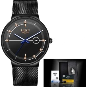 Resim Hanyang Tüm Siyah 2023 Lıge Basit Erkek Saatler Üst Marka Moda Ultra Ince Kuvars Izle Erkekler Örgü Kayış Su Geçirmez Saatler Relogio Masculino (Yurt Dışından) 