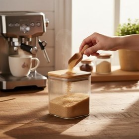 Resim Bambu Kapaklı 200 ml Kare Cam Kavanoz - Çizgili Şeffaf Tasarım, Sızdırmaz Silikon Contalı Saklama Kabı 