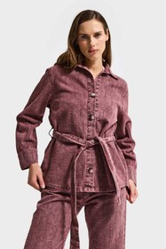 Resim Kadın Gül Kurusu 6s6-98 Oversize Kemer Detaylı Kumaş Özellikli Tasarım Denim Ceket - Bordo / 36 