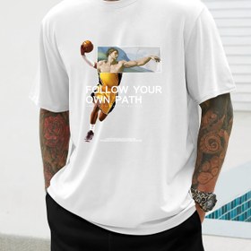 Resim Erkekler için "Kendi Yolunuzu Takip Edin" Basketbol Grafikli T-Shirt - Mavi, Nefes Alabilir ve Bahar/Yaz için Rahat, Makinede Yıkanabilir, Açık Hava Fitnessi ve Koşu için Mükemmel, Spor T-shirt | Rahat Basketbol Gömleği | Nefes Alabilir Malzeme 