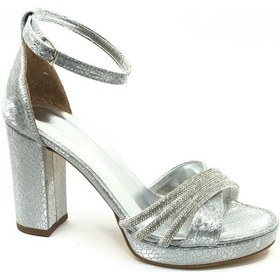 Resim Feles Çapraz Üç Şerit Taşlı 10 Cm Platform Topuklu Kadın Abiye Ayakkabı Gümüş-çupra 