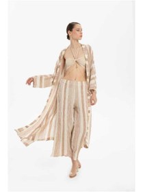 Resim İpekçi Otantik Çizgili Etamin Dokulu Kimono Kiremit 