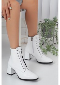 Resim Dilimler Ayakkabı Cilt Beyaz Kadın Büyük Küçük Numara Topuklu Bot-1371-BEYAZ 