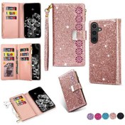 Resim Samsung Galaxy Uyumlu S25 Plus İçin Parıltılı Cüzdan Kılıf Desteklenebilir Manyetik Cüzdan Kılıf Bilek Kayışı Kartlık Fermuarlı Cep 