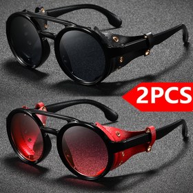 Resim 2 adet Retro Punk Yuvarlak Çerçeve Gözlük - Mat Siyah ve Kırmızı PC Çerçeveler, Hafif Dayanıklı Unisex Gözlük, Erkekler ve Kadınlar için Geniş Uyumlu (>139mm) Rahat Sokak Modası ve Günlük Moda Aksesuarları, Vintage Gözlükler, Trend Gözlükler, Metalik Detaylar, Pilsiz 