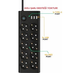 Resim vooka Akıllı Güç Istasyonu 10’lu Priz 3680W 16A 3xusb + Type-C Şarjlı Anahtarlı Çoklu Priz 