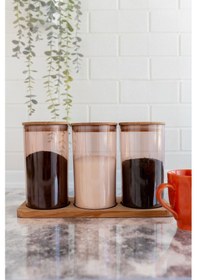 Resim Ahşap Kapaklı 3'lü Standlı Ve Vakumlu Çay, Kahve, Şeker, Bakliyat Kavanoz Seti Mika 1 Lt Pembe 
