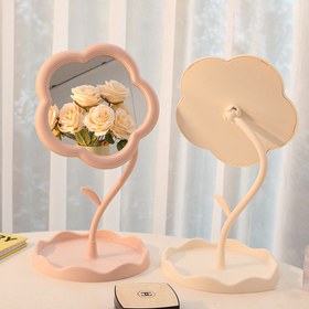 Resim 1 Set Dönen Çiçek Şeklinde Makyaj Aynası ile Cilalı Plastik Çerçeve, Pembe ve Çiçek Tasarımı, Taşınabilir Depolama Tepsisi, Yatak Odası, Seyahat ve Öğrenci için Uygun 