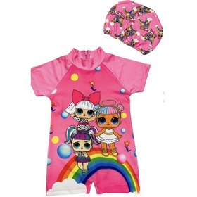 Resim Lolliboomkids Sevimli Lol Bebek Gökkuşağı Hassas Ten Kısa Kollu Hipster Mayo Takımı Bone Dahil 2' li Set Pembe 