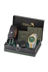 Resim Polo Air Takvimli Erkek Kol Saati Cüzdan Kemer Kartlık Anahtarlık Çakmak Seti Gümüş Gold Yeşil Renk PL-7074E8 