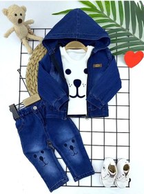 Resim 9-12-18-24 Ay Kot Kumaş Kapşonlu Uzun Kol Sweatli Kot Kumaş 3lü Erkek Bebek Takımı Mavi Mavi 