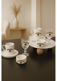 Resim 2 Kişilik Porselen Nazar Göz Fincan Takımı Seti Ve 2 Adet Porselen Lokumluk Ve 2 Adet Cam Bardak Beyaz 