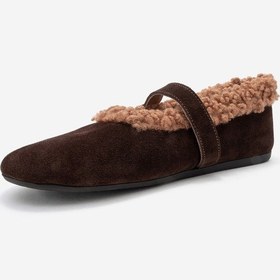 Resim Luvishoes Luvi Shoes Guın Kahverengi Süet Hakiki Deri Peluş Detaylı Kemerli Kadın Babet Ayakkabı Kahverengi 