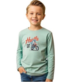 Resim Panios Kids Düz Yuvarlak Yaka Hustle Dino Baskı Detaylı Erkek Çocuk Sweatshirt Mint Yeşil 