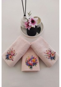 Resim 3'lü Mutfak Havlu Takımı - Somon Bambu El Havlusu Seti - Ekstra Yumuşak - 30x50 Cm - Çiçek Bahçesi Somon Pembe 