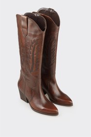 Resim Elle Kahve Deri Kadın Western Çizme 