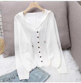 Resim Beyaz Kapşonlu Buz Ipek Yaz Örgü Hırka Ceket Kadın Üst Gevşek Ince Kesit Içi Boş Güneş Koruyucu Dış Giyim Beyaz 