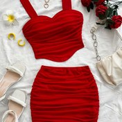 Resim 2 parça Kalp Yaka Bodycon Elbise ve Mini Etek Takımı, Randevular ve Sevgililer Günü için Uygun Seksi Kıyafet 