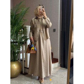 Resim Esra Butik Bej Renk Pamuklu Tensel Kumaş Tunikli Tesettür Elbise Takımı 